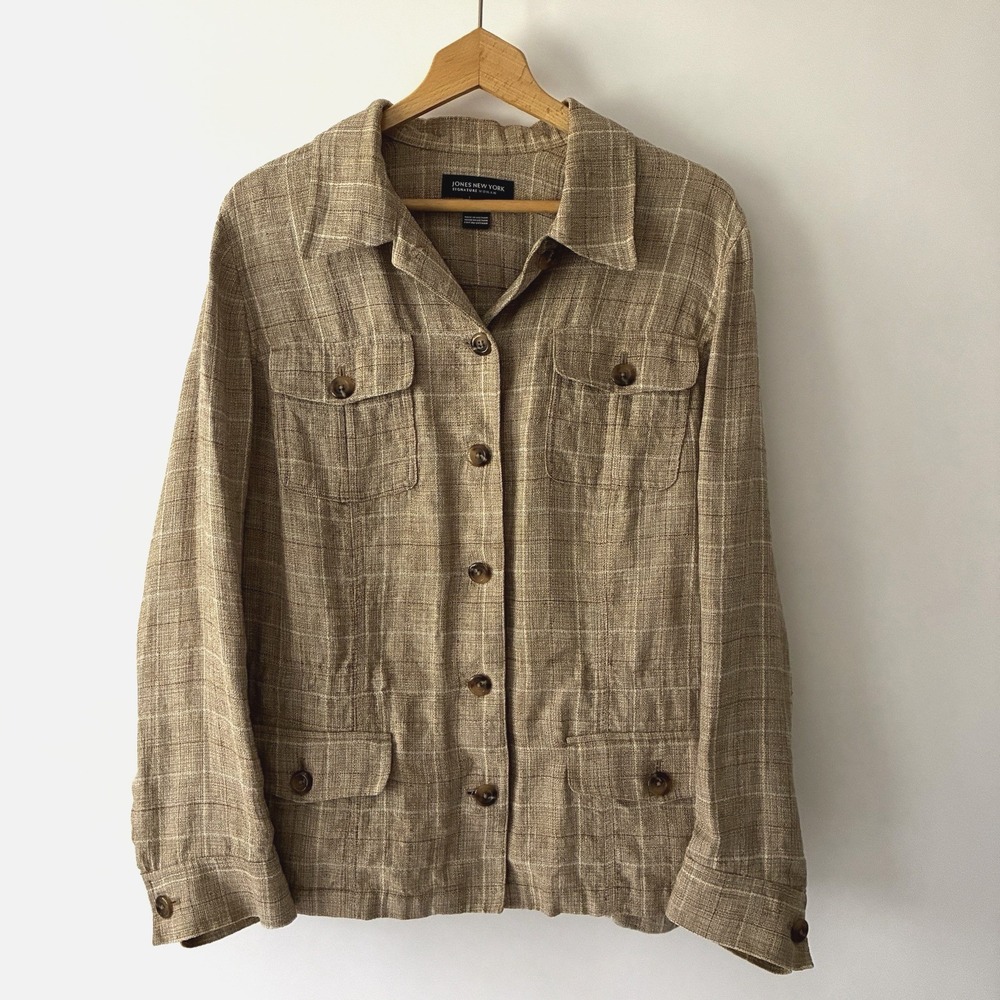 Jones New York Linen Cotton Safari Jacket 2X Tan Plaid Neutral Drawstring Waist